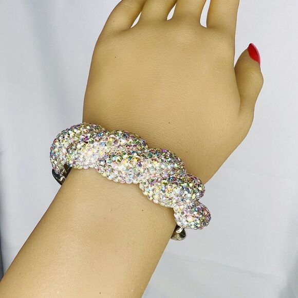 Vintage Aurora Borealis AB Rhinestone Pave Silver Clamper Bracelet Dazzling 4755 - Picture 2 of 14